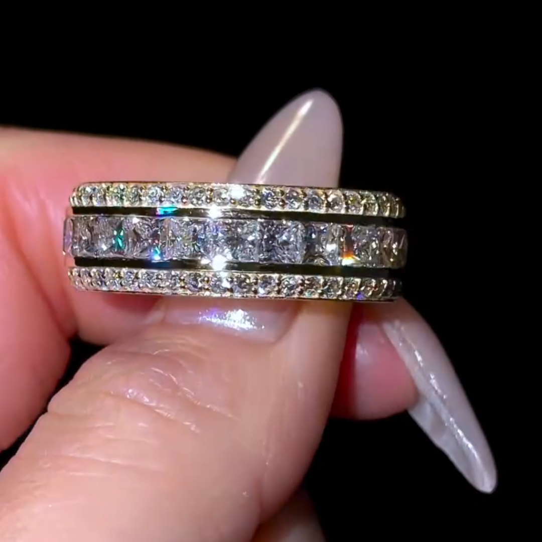 8mm Men’s Diamond Bevelled Edge Band  Channel Set Princess Cut White Stone In Gold Plating