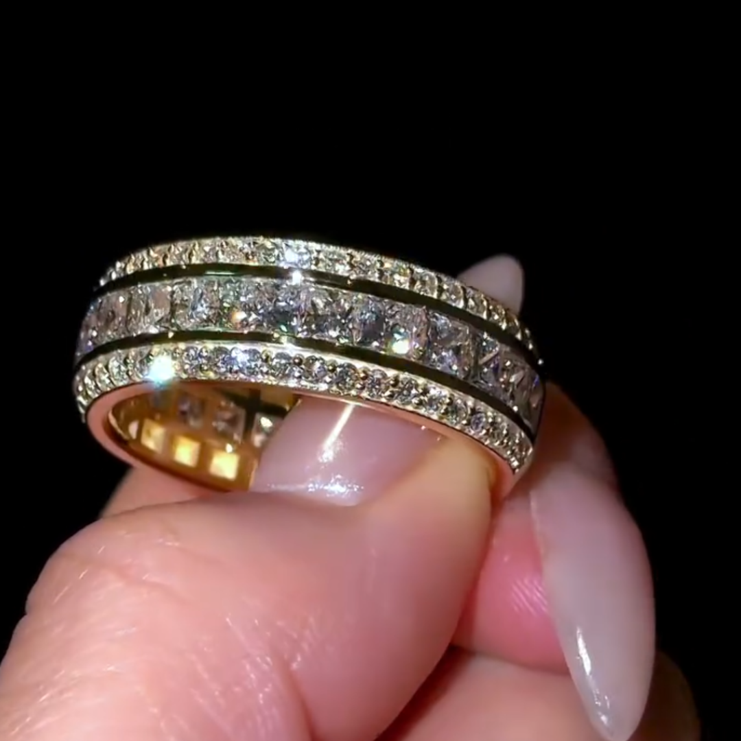 8mm Men’s Diamond Bevelled Edge Band  Channel Set Princess Cut White Stone In Gold Plating