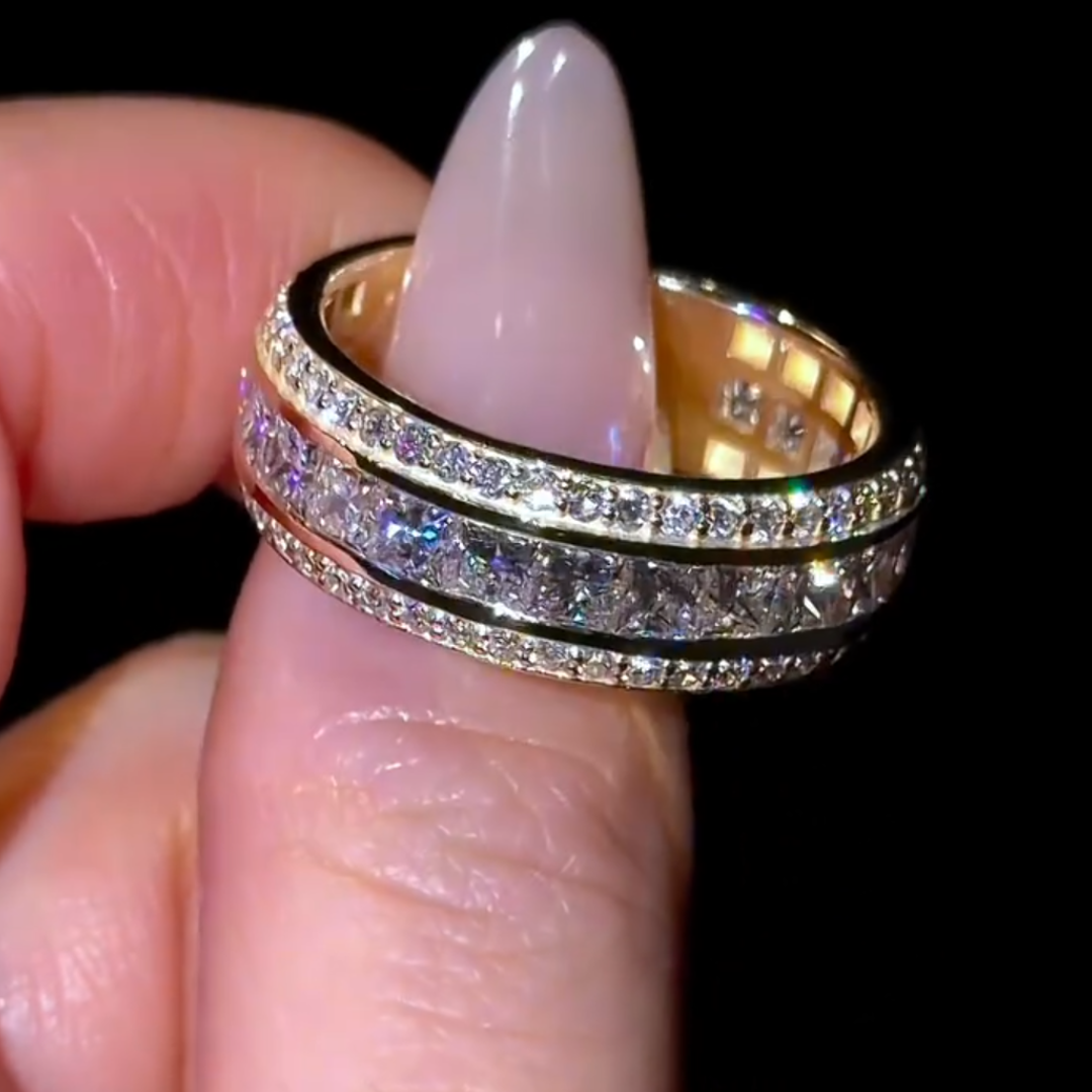 8mm Men’s Diamond Bevelled Edge Band  Channel Set Princess Cut White Stone In Gold Plating