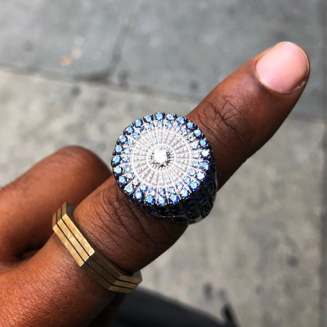 13.95ctw Pave Set White & Sapphire Blue Men's Signature Ring