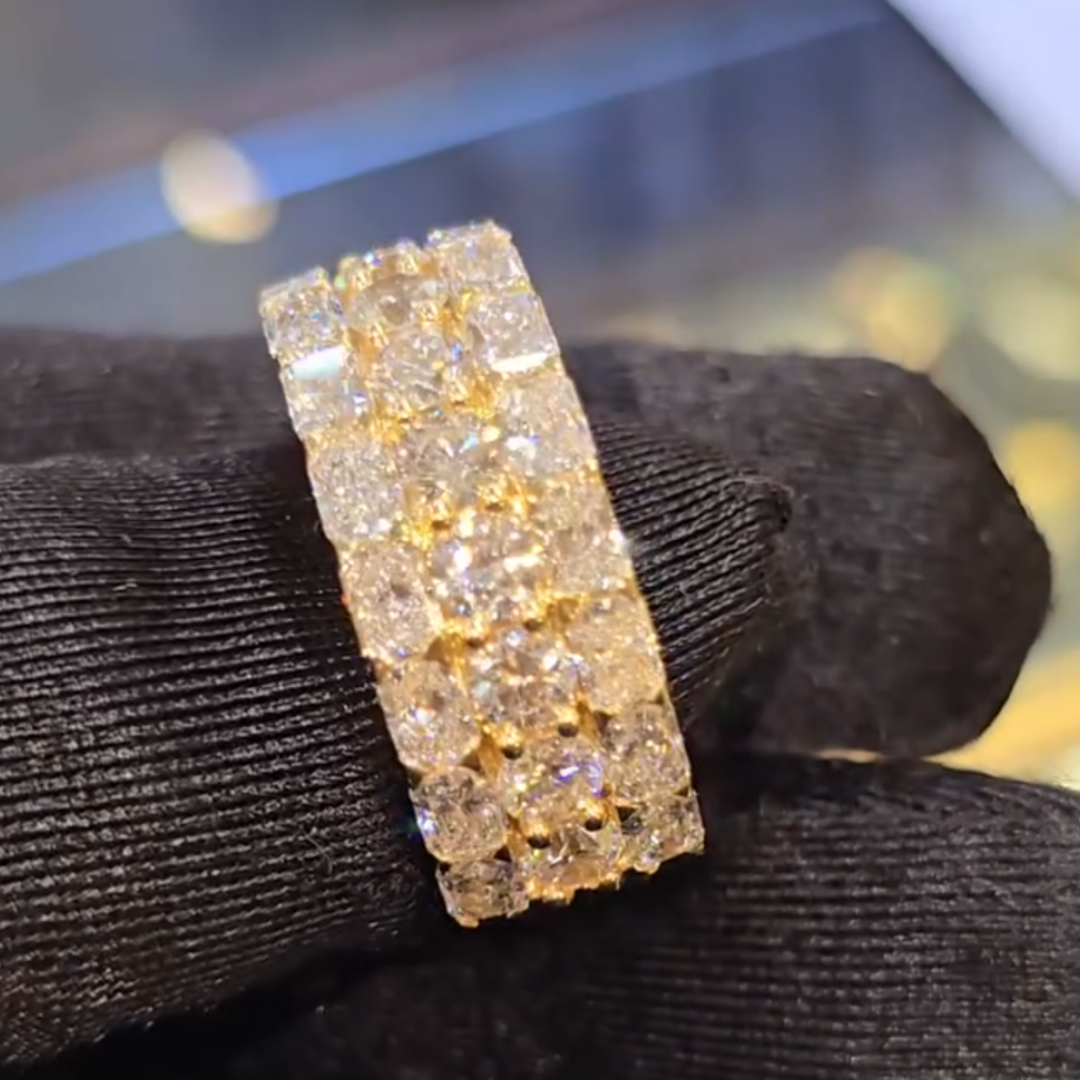 Three-row White Stone Eternity Ring in Gold Tone