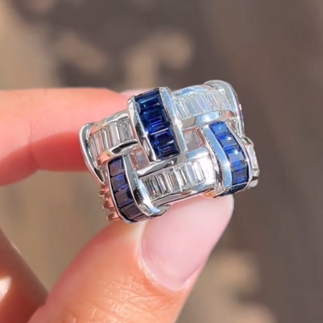 5.25ctw Basket Weave Design Sapphire & White Stone Ring