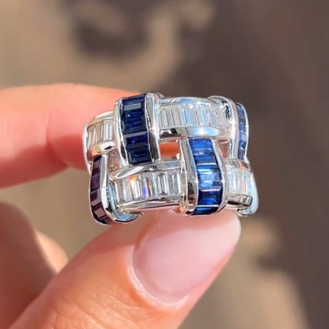 5.25ctw Basket Weave Design Sapphire & White Stone Ring