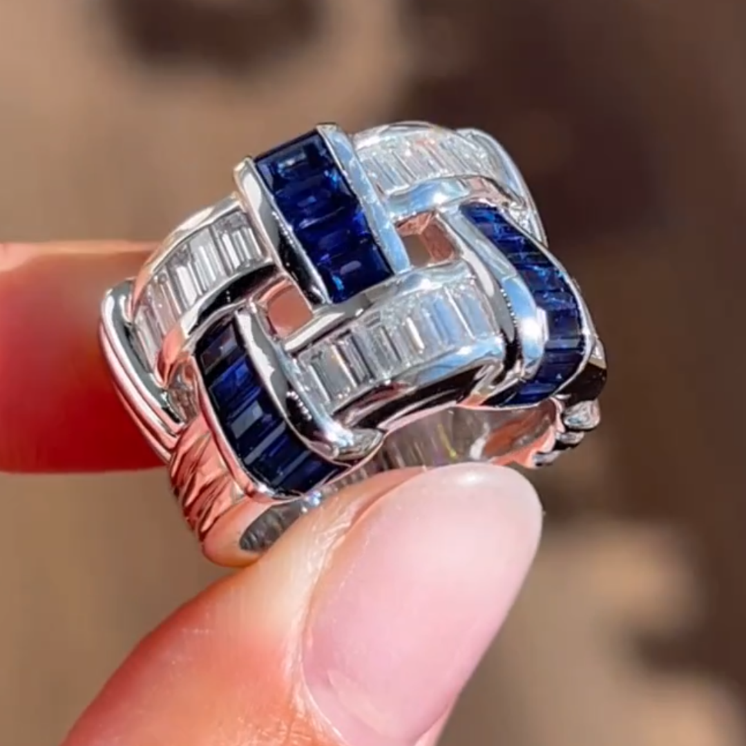 5.25ctw Basket Weave Design Sapphire & White Stone Ring