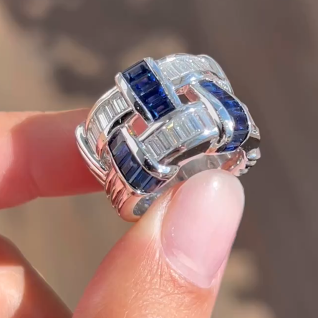 5.25ctw Basket Weave Design Sapphire & White Stone Ring