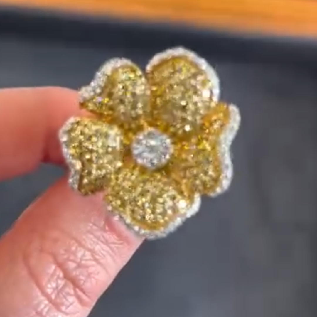 3.75ctw Flower Design Pave Set Yellow Stone Cocktail Ring