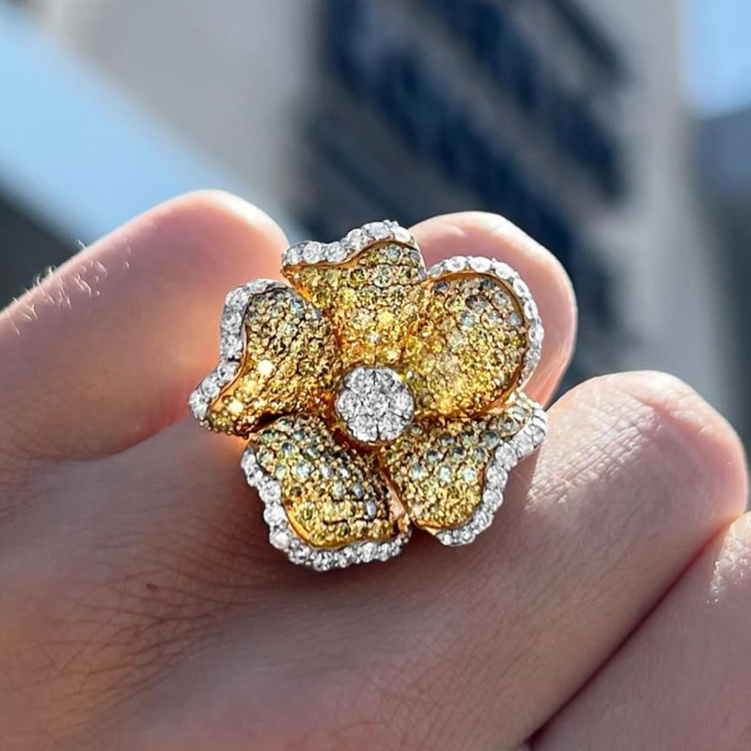 3.75ctw Flower Design Pave Set Yellow Stone Cocktail Ring