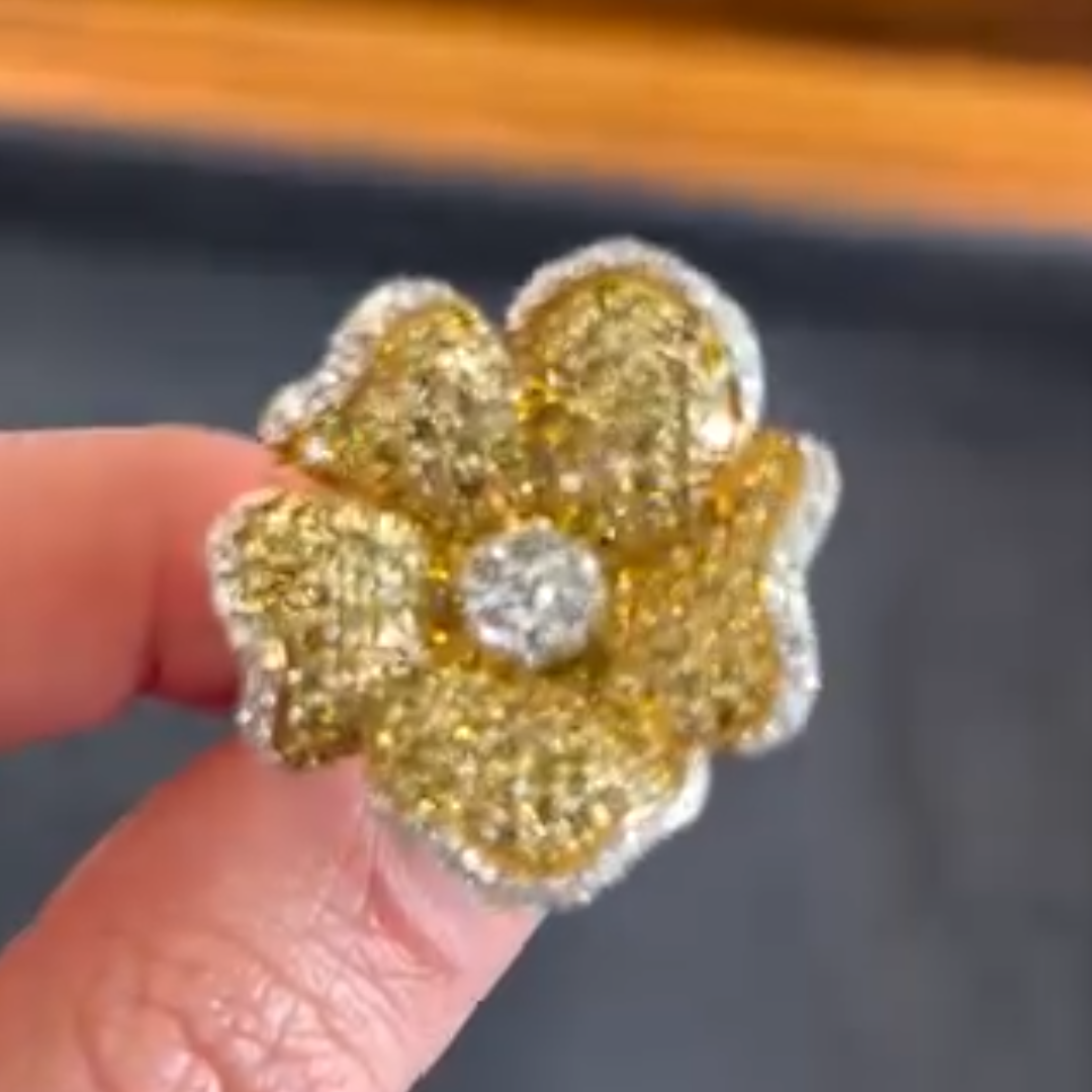 3.75ctw Flower Design Pave Set Yellow Stone Cocktail Ring