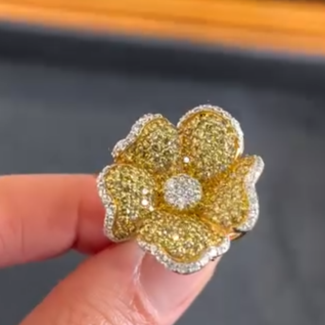 3.75ctw Flower Design Pave Set Yellow Stone Cocktail Ring
