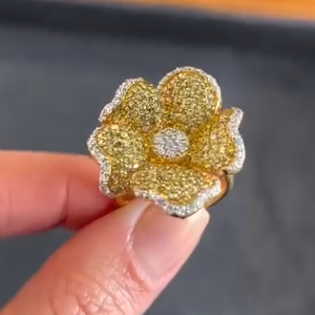 3.75ctw Flower Design Pave Set Yellow Stone Cocktail Ring
