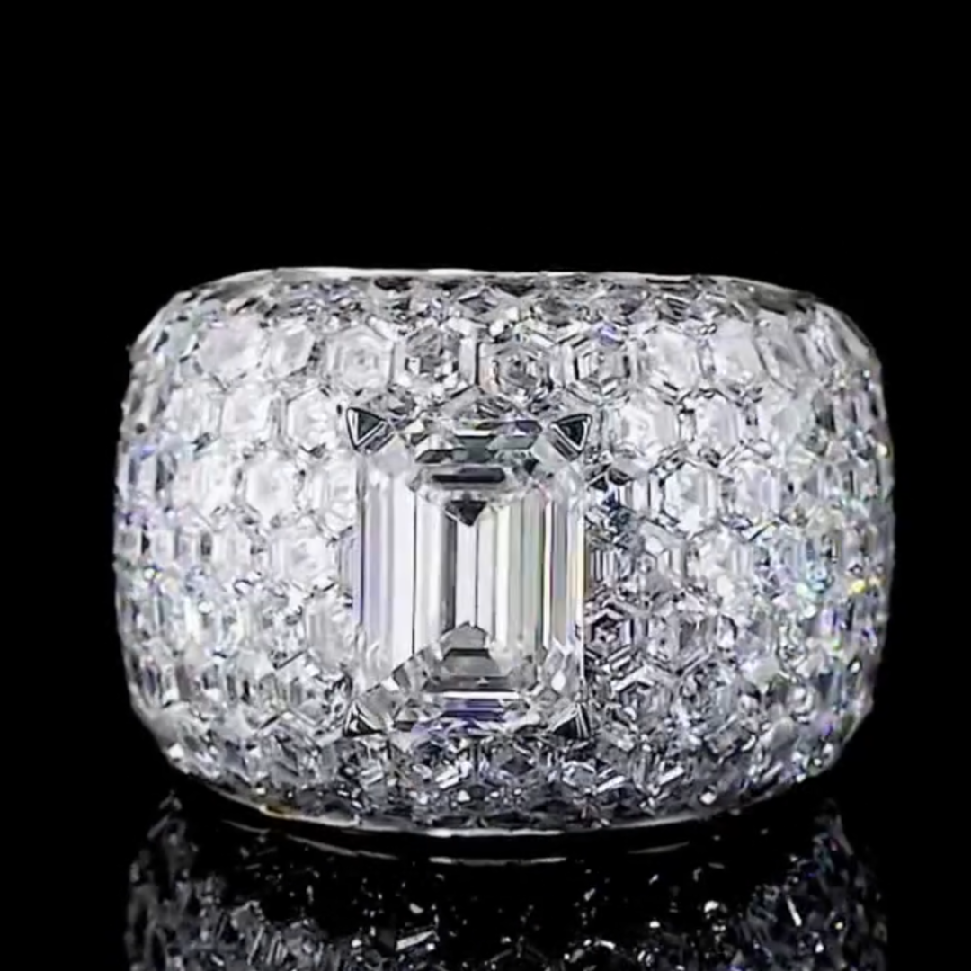 4ct Invisibile Setting Emerald Cut White Stone Ring in Hip Hop Style
