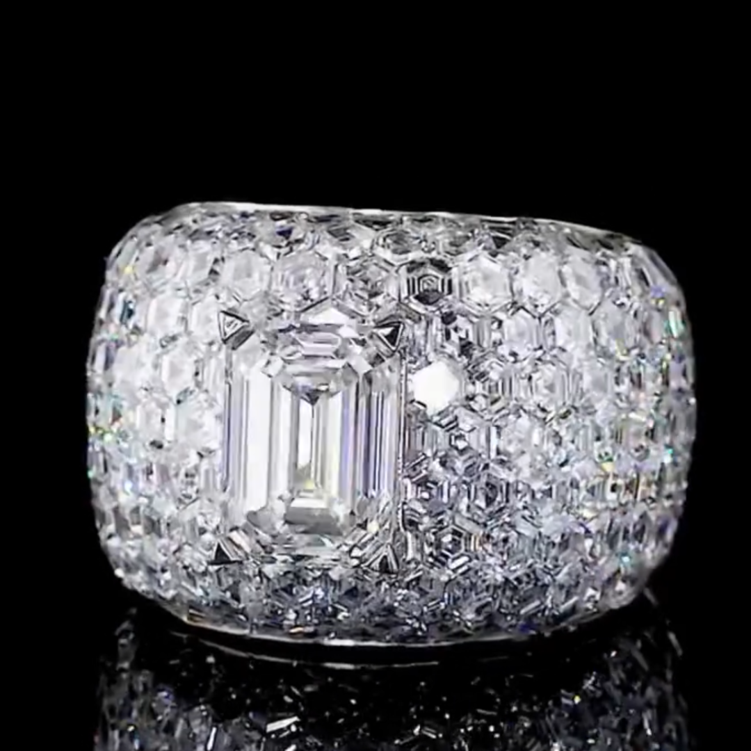 4ct Invisibile Setting Emerald Cut White Stone Ring in Hip Hop Style