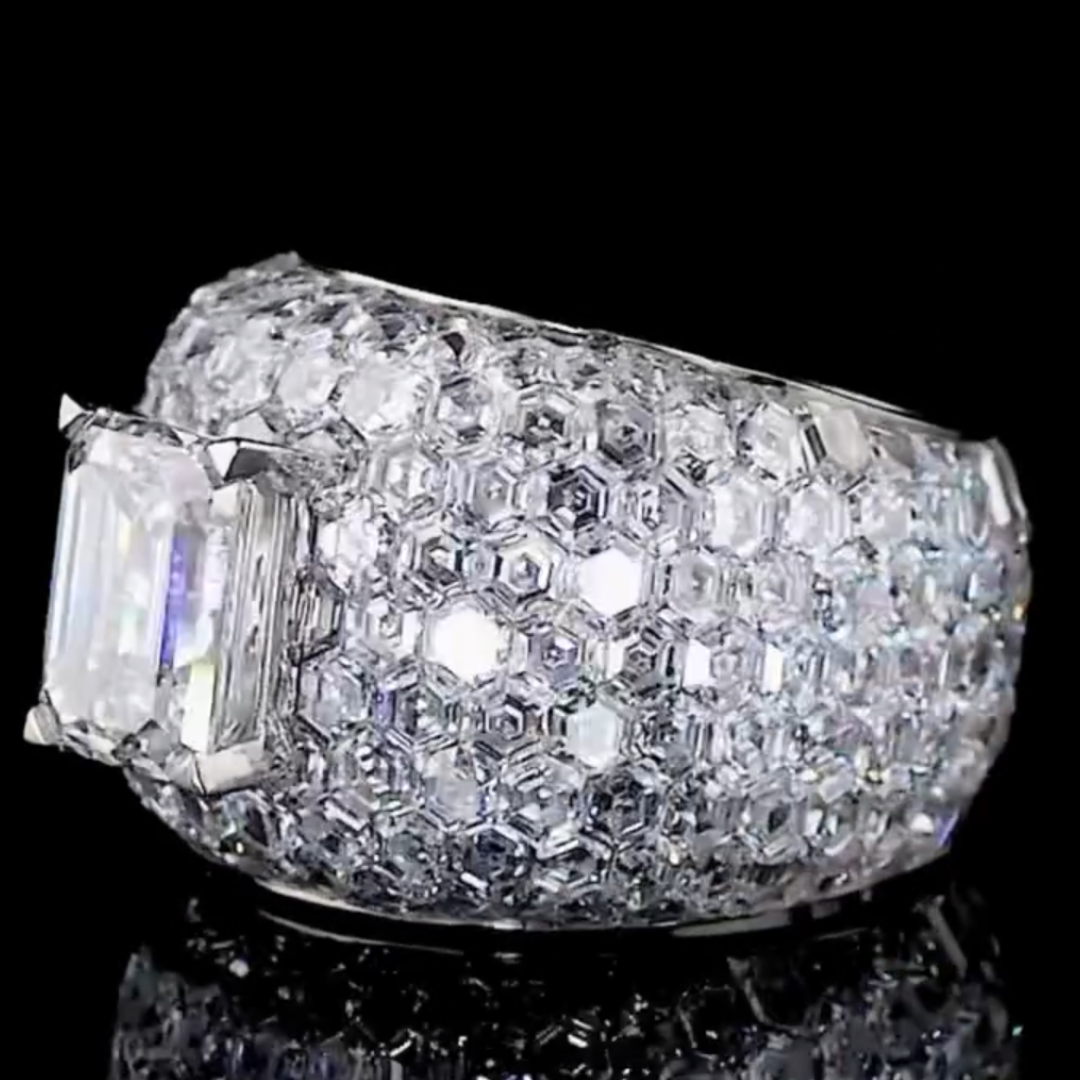 4ct Invisibile Setting Emerald Cut White Stone Ring in Hip Hop Style