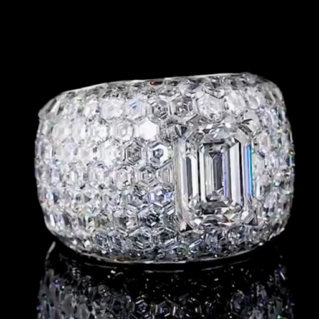 4ct Invisibile Setting Emerald Cut White Stone Ring in Hip Hop Style