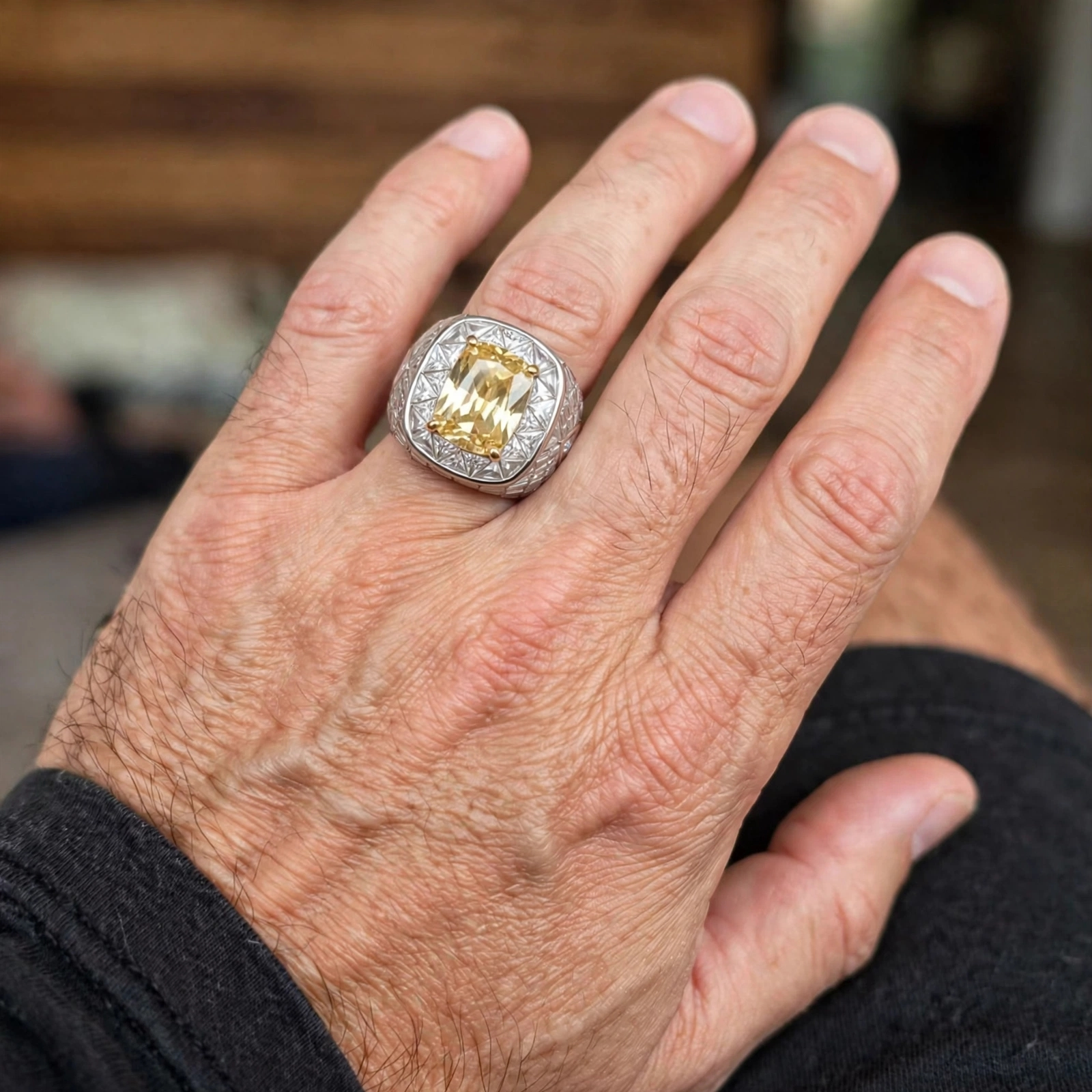 13ct Pave Set  Radiant Cut Yellow Stone Ring for Men 