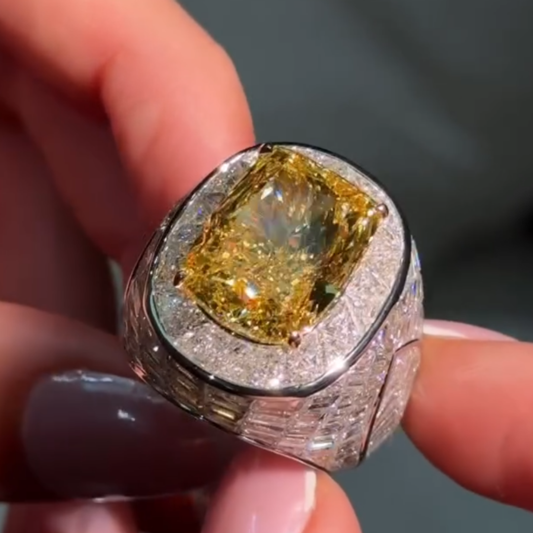 13ct Pave Set  Radiant Cut Yellow Stone Ring for Men 