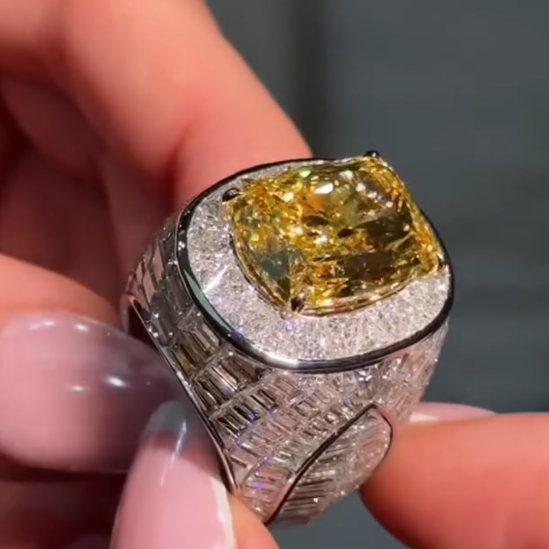13ct Pave Set  Radiant Cut Yellow Stone Ring for Men 