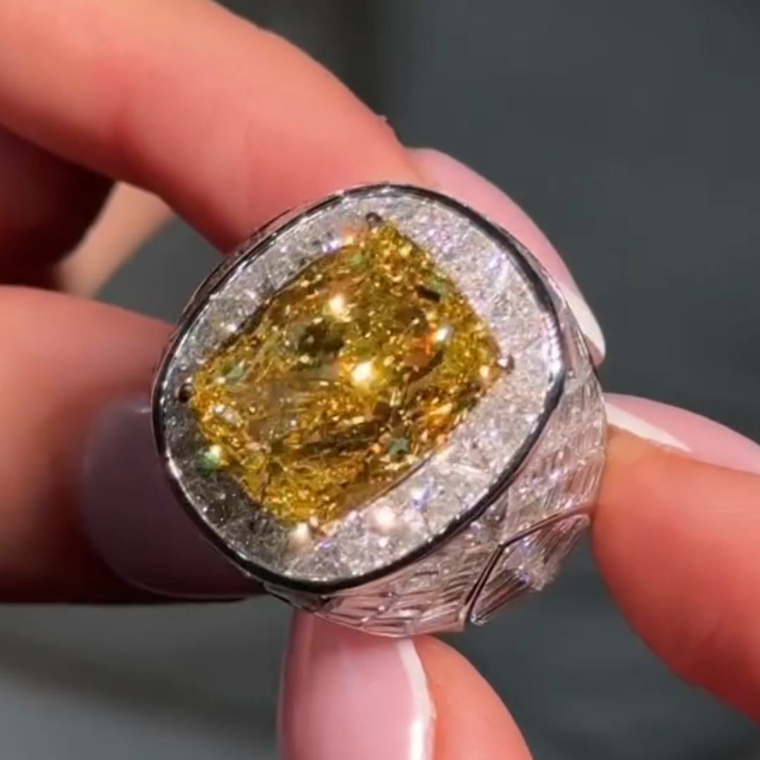 13ct Pave Set  Radiant Cut Yellow Stone Ring for Men 