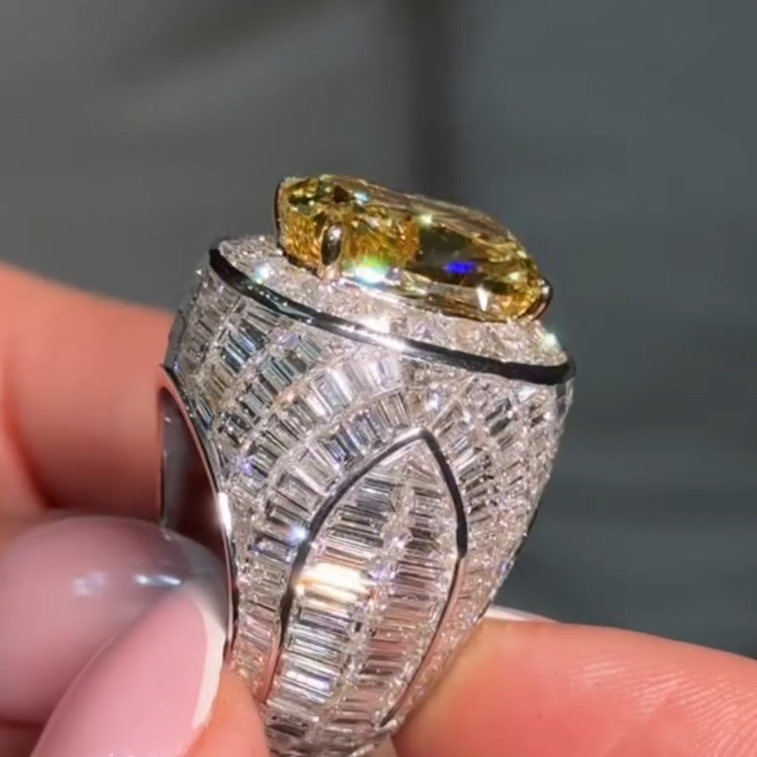 13ct Pave Set  Radiant Cut Yellow Stone Ring for Men 