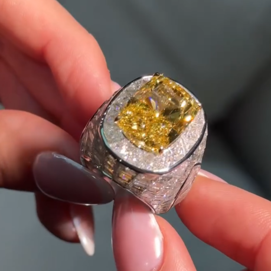 13ct Pave Set  Radiant Cut Yellow Stone Ring for Men 