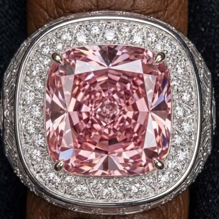 13ct Pave Set Radiant Cut Fancy Pink Stone Ring