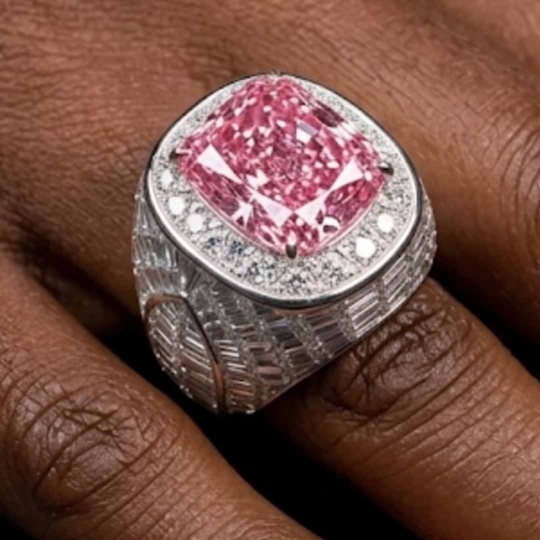 13ct Pave Set Radiant Cut Fancy Pink Stone Ring