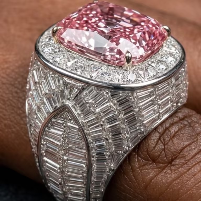 13ct Pave Set Radiant Cut Fancy Pink Stone Ring