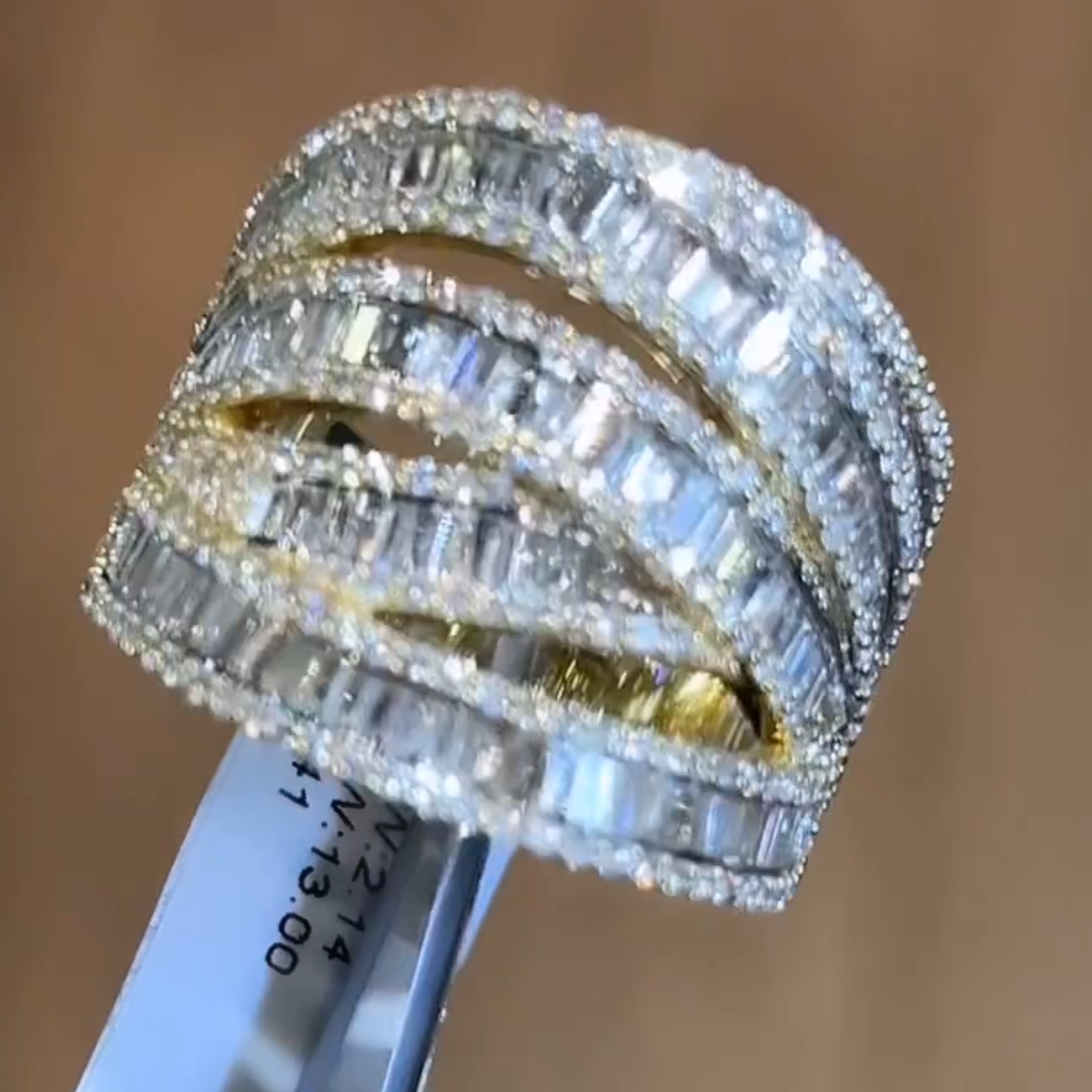13.14ctw Baguettes & Round Cut Crossover Two Tone White Stone Ring