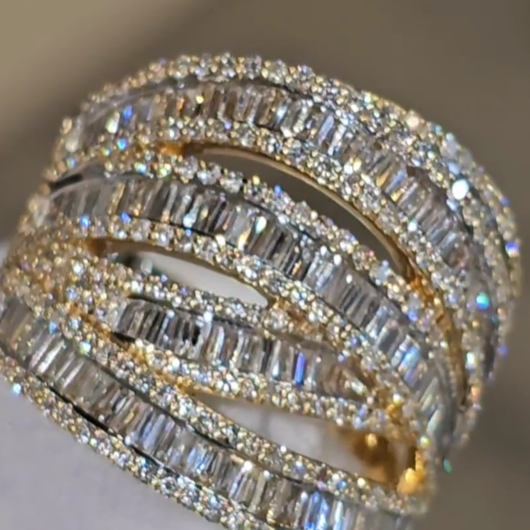 13.14ctw Baguettes & Round Cut Crossover Two Tone White Stone Ring