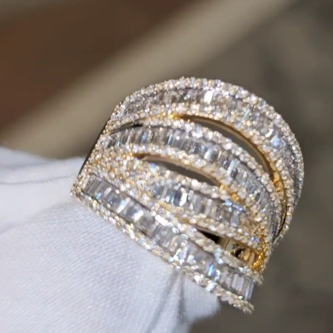 13.14ctw Baguettes & Round Cut Crossover Two Tone White Stone Ring