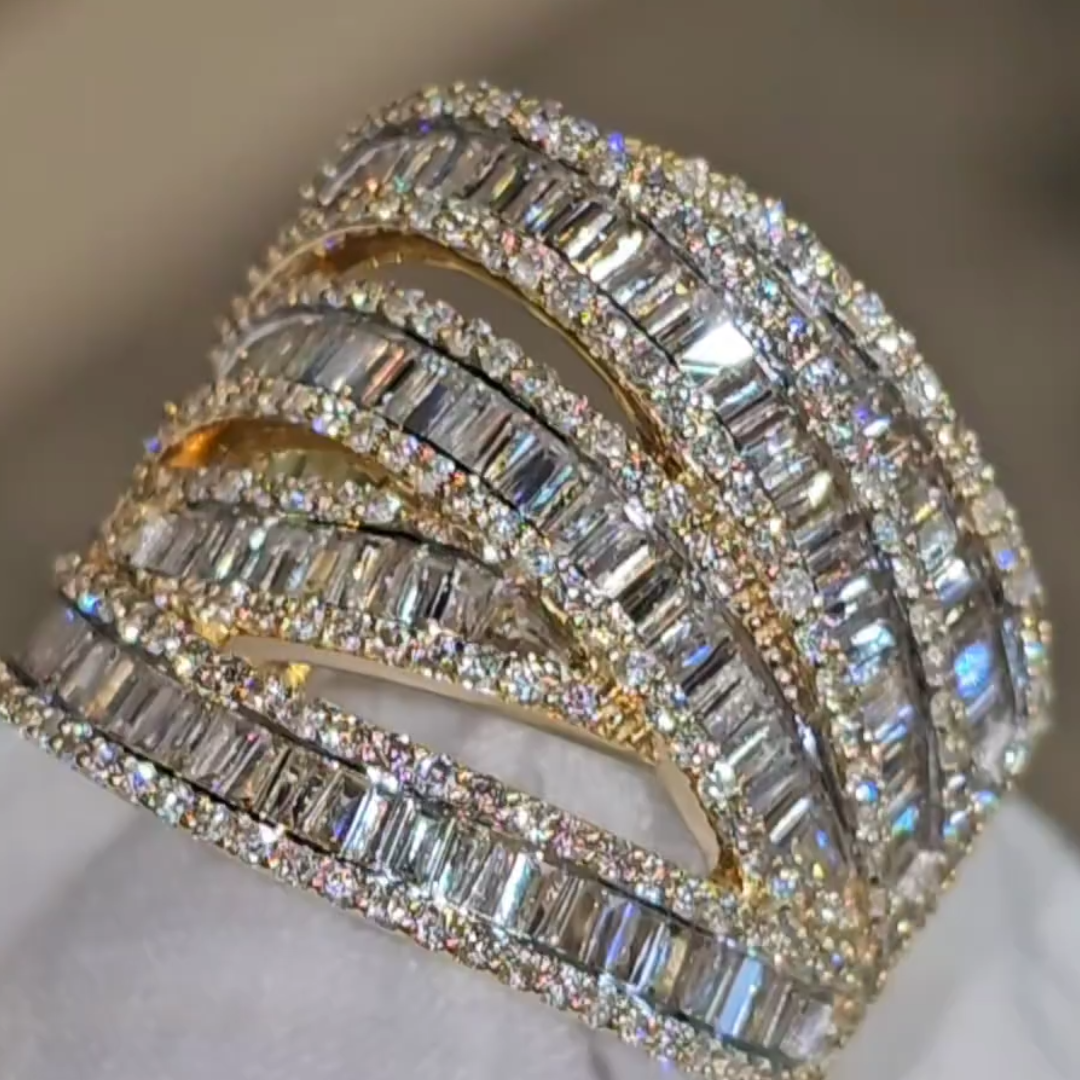 13.14ctw Baguettes & Round Cut Crossover Two Tone White Stone Ring