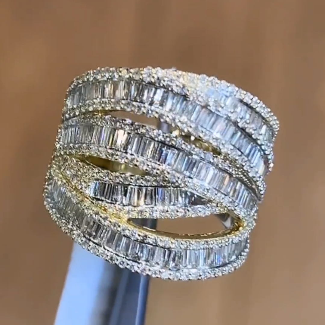 13.14ctw Baguettes & Round Cut Crossover Two Tone White Stone Ring