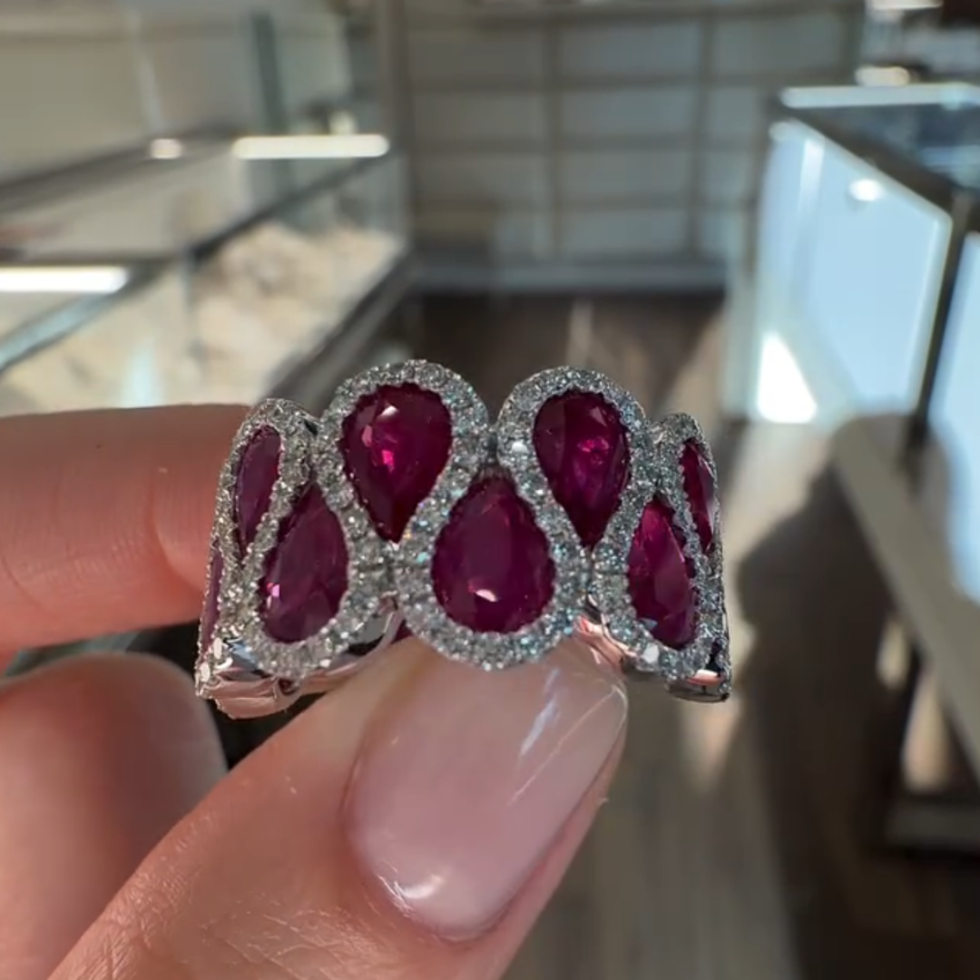 6.75ctw Curve Design Pear Cut Ruby Eternity Ring
