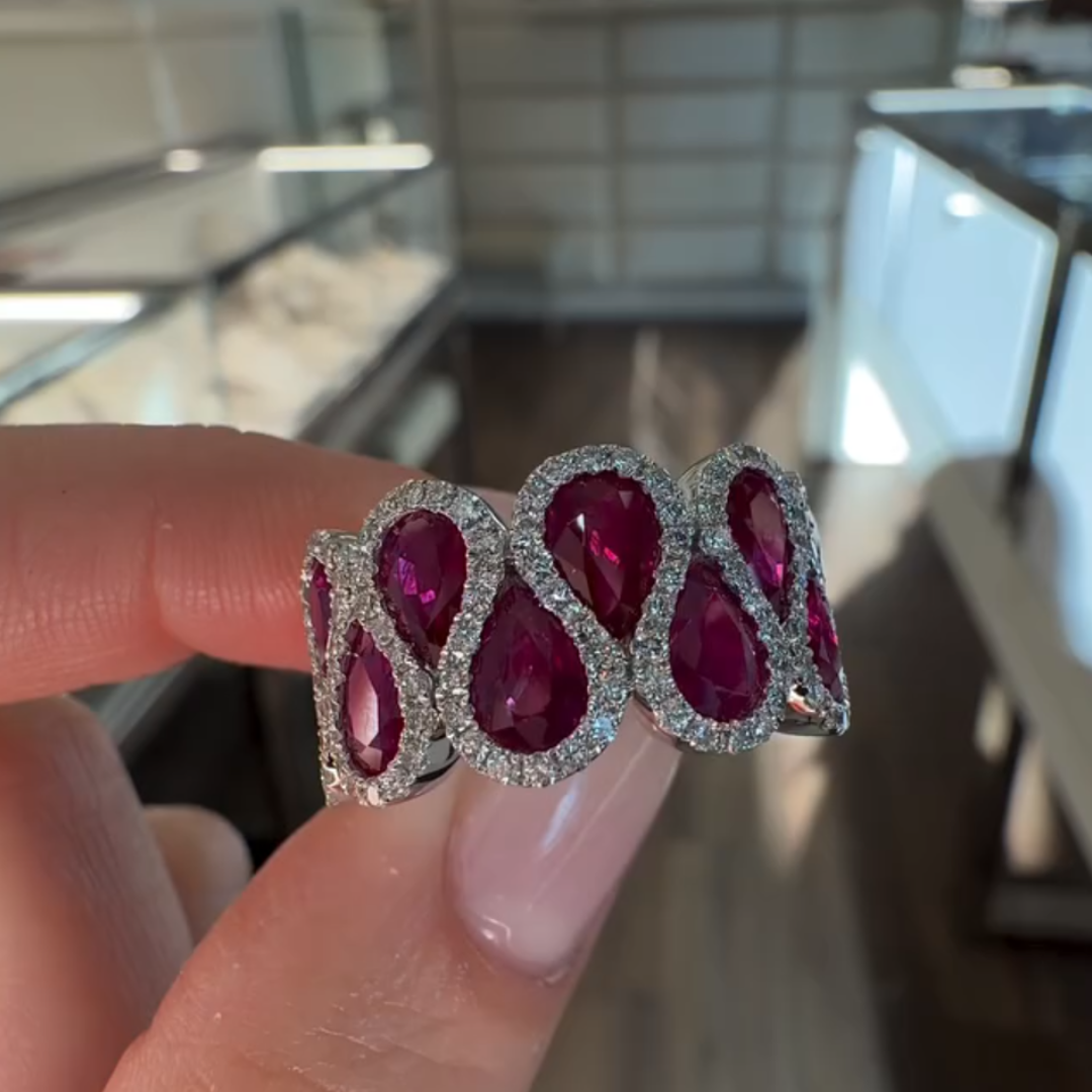 6.75ctw Curve Design Pear Cut Ruby Eternity Ring