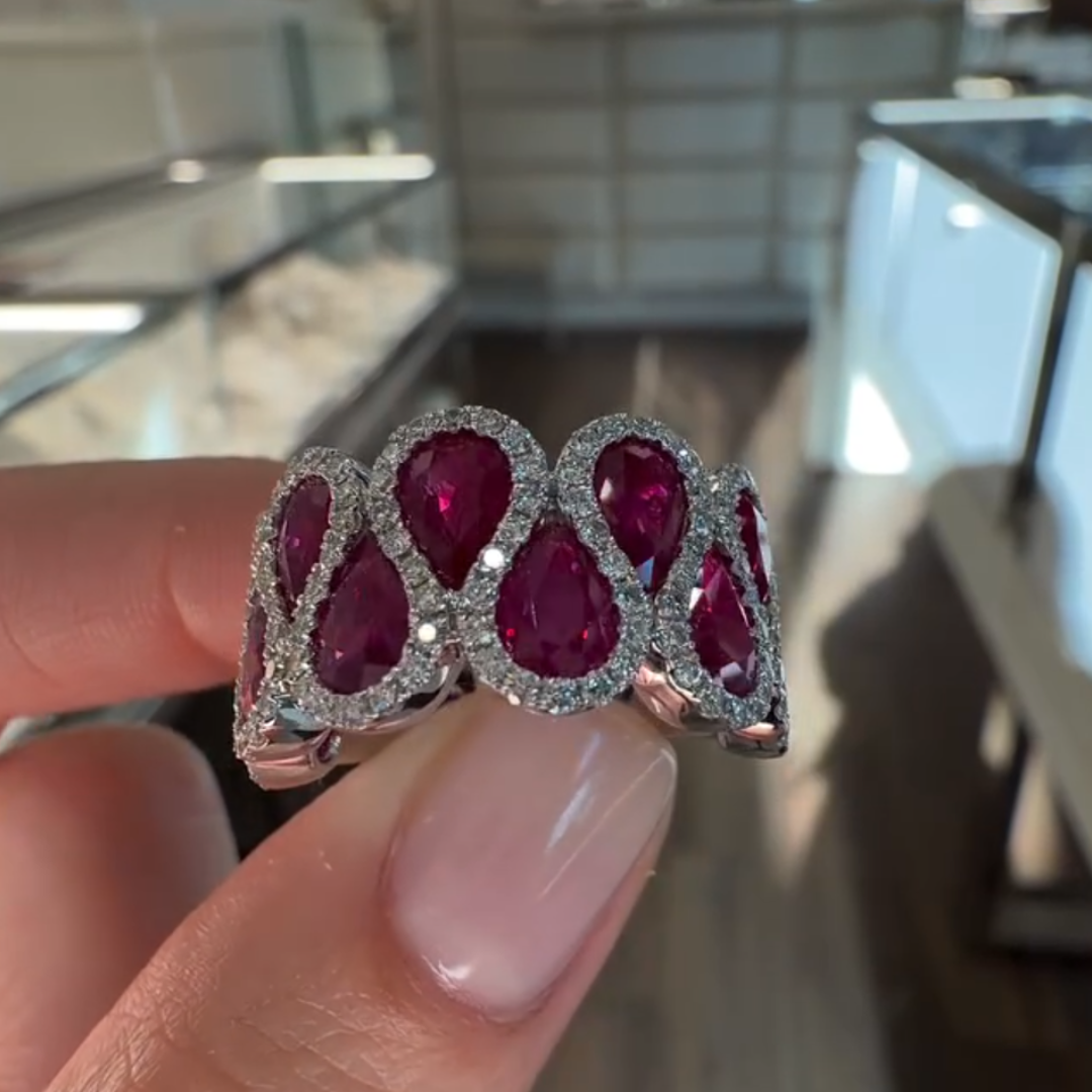 6.75ctw Curve Design Pear Cut Ruby Eternity Ring