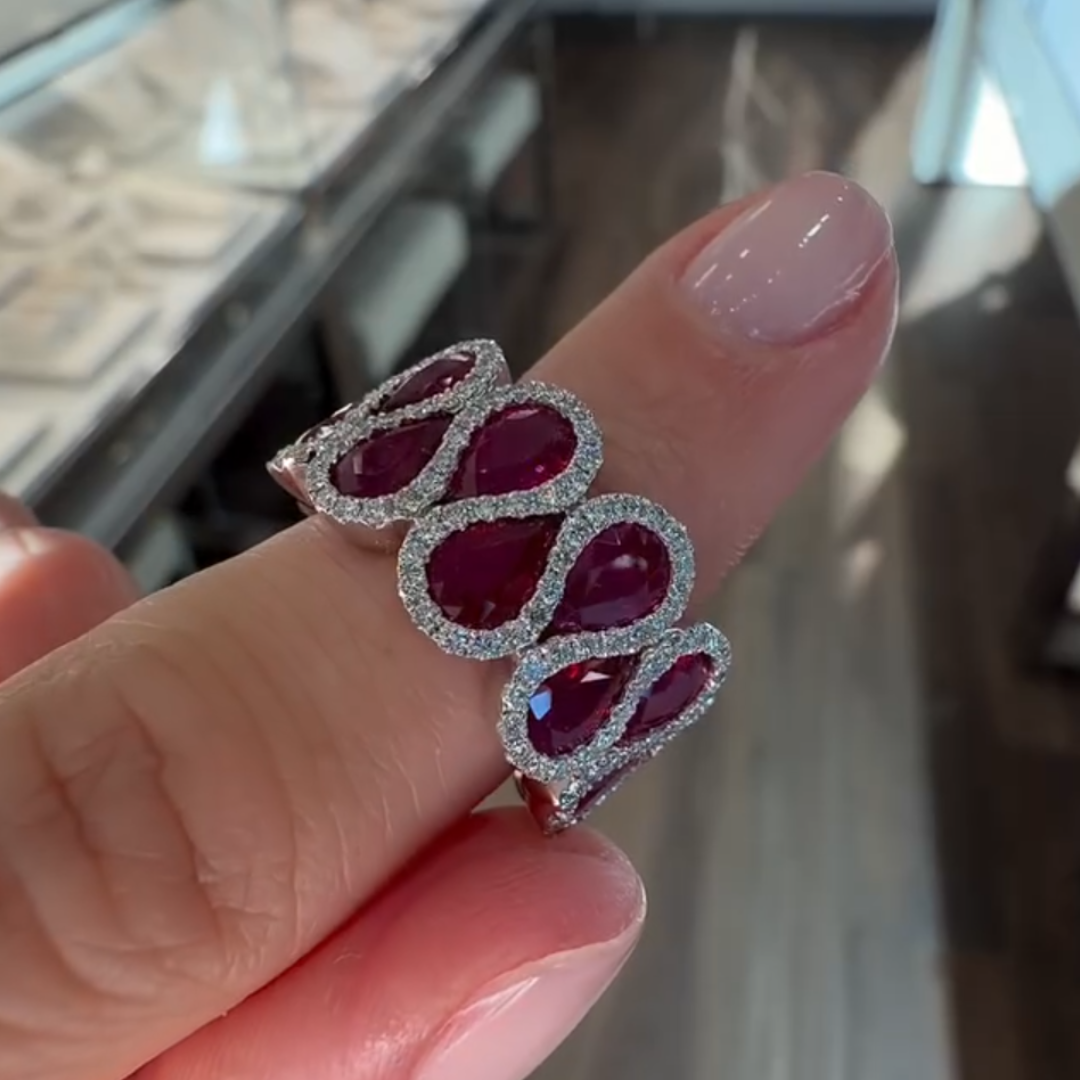 6.75ctw Curve Design Pear Cut Ruby Eternity Ring