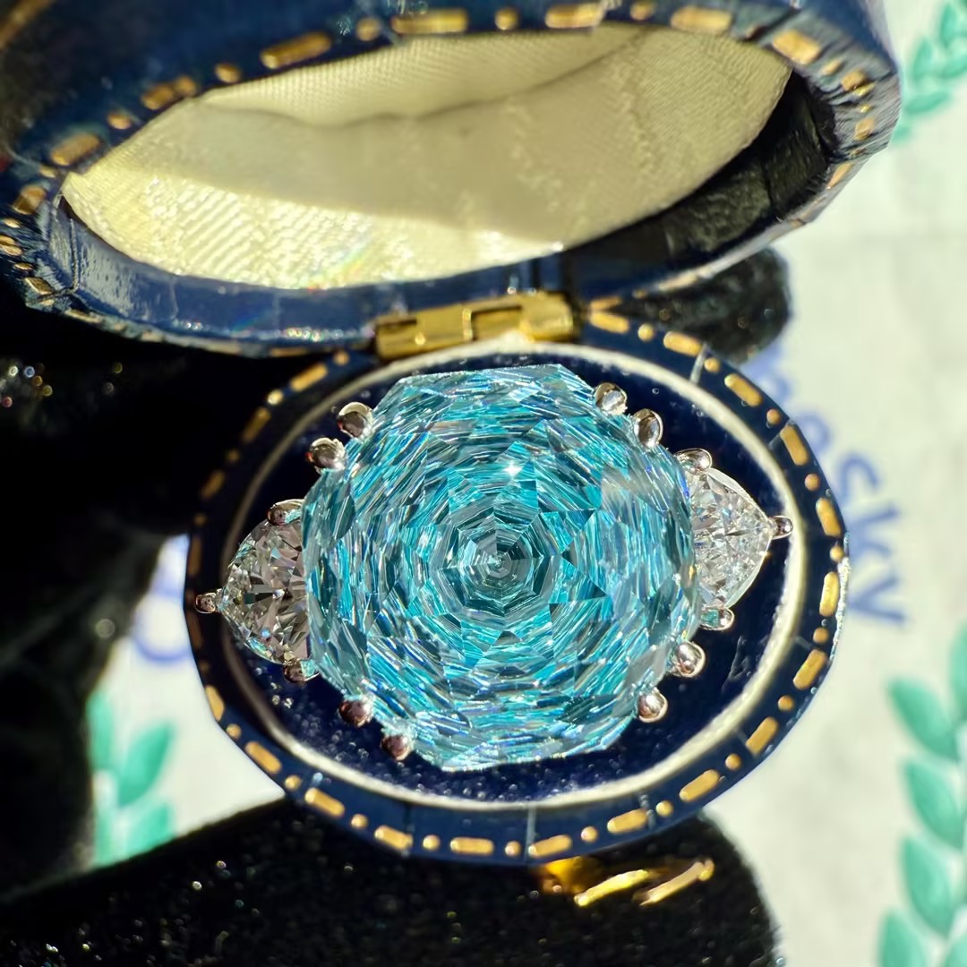 5 Carat Rose Cut Aquamarine Blue Three Stone Anniversary Ring