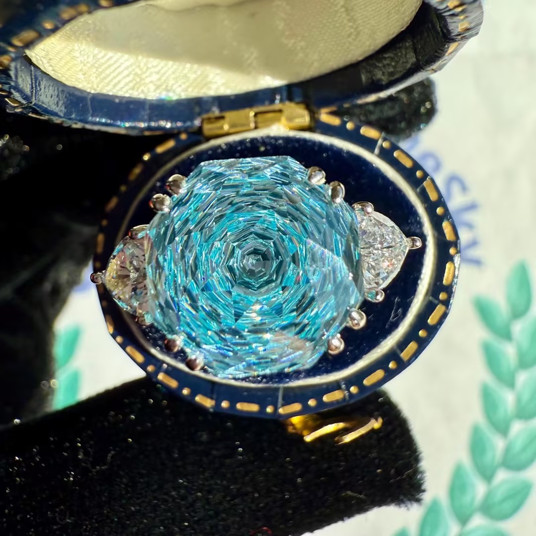 5 Carat Rose Cut Aquamarine Blue Three Stone Anniversary Ring