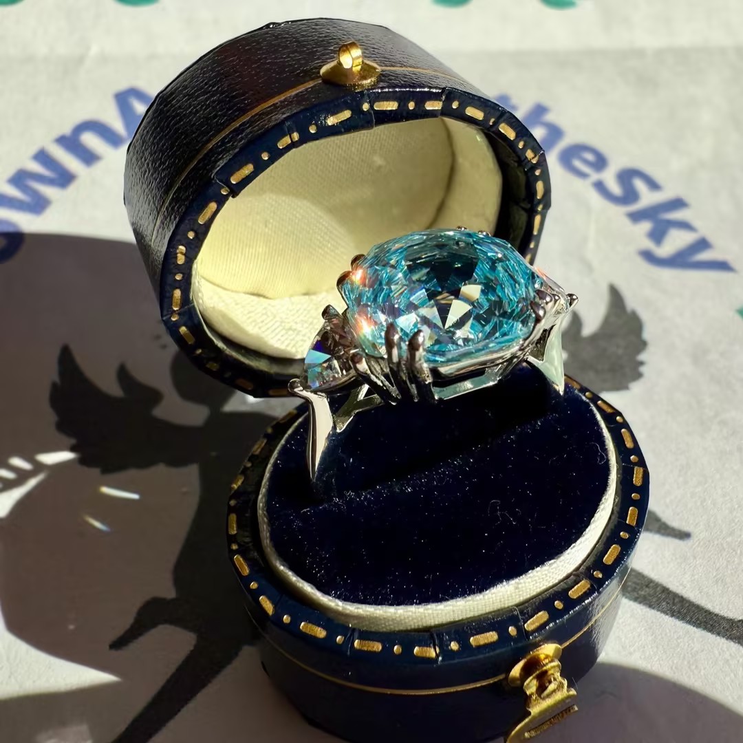 5 Carat Rose Cut Aquamarine Blue Three Stone Anniversary Ring