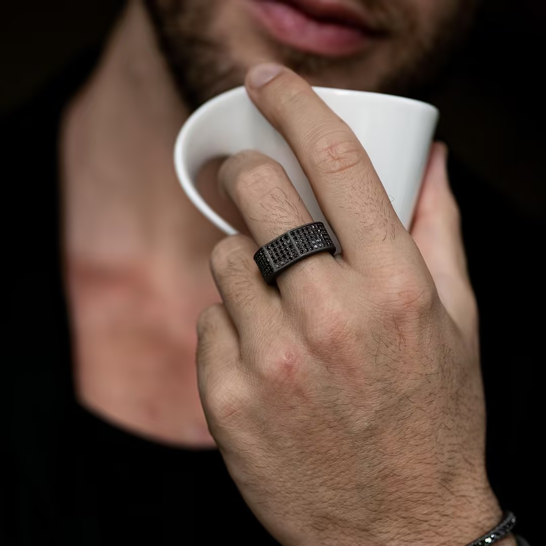 Men's Round Cut Black Stone Band Ring