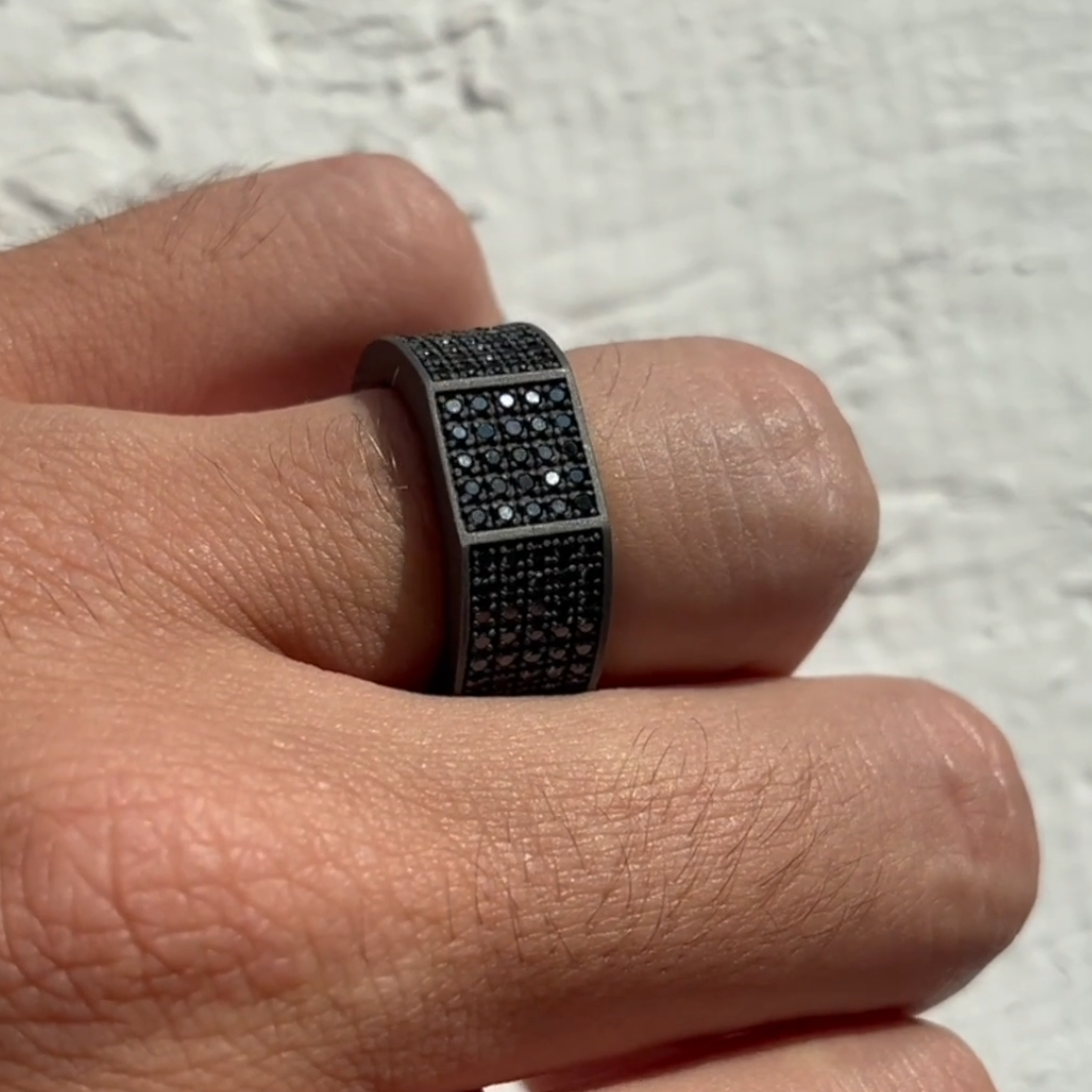 Men's Round Cut Black Stone Band Ring