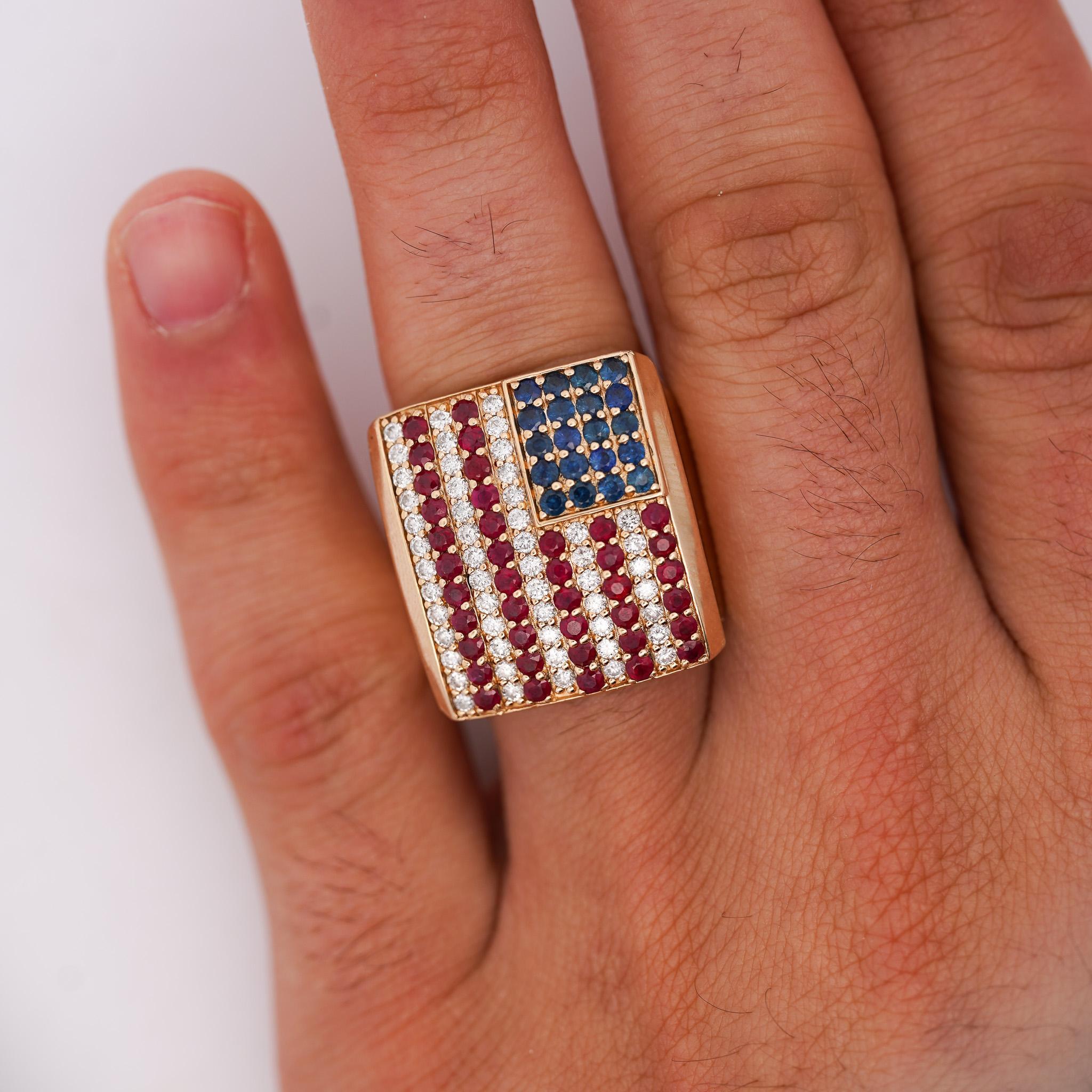Ruby & Sapphire USA Flag Mens 4th of July Signet Ring