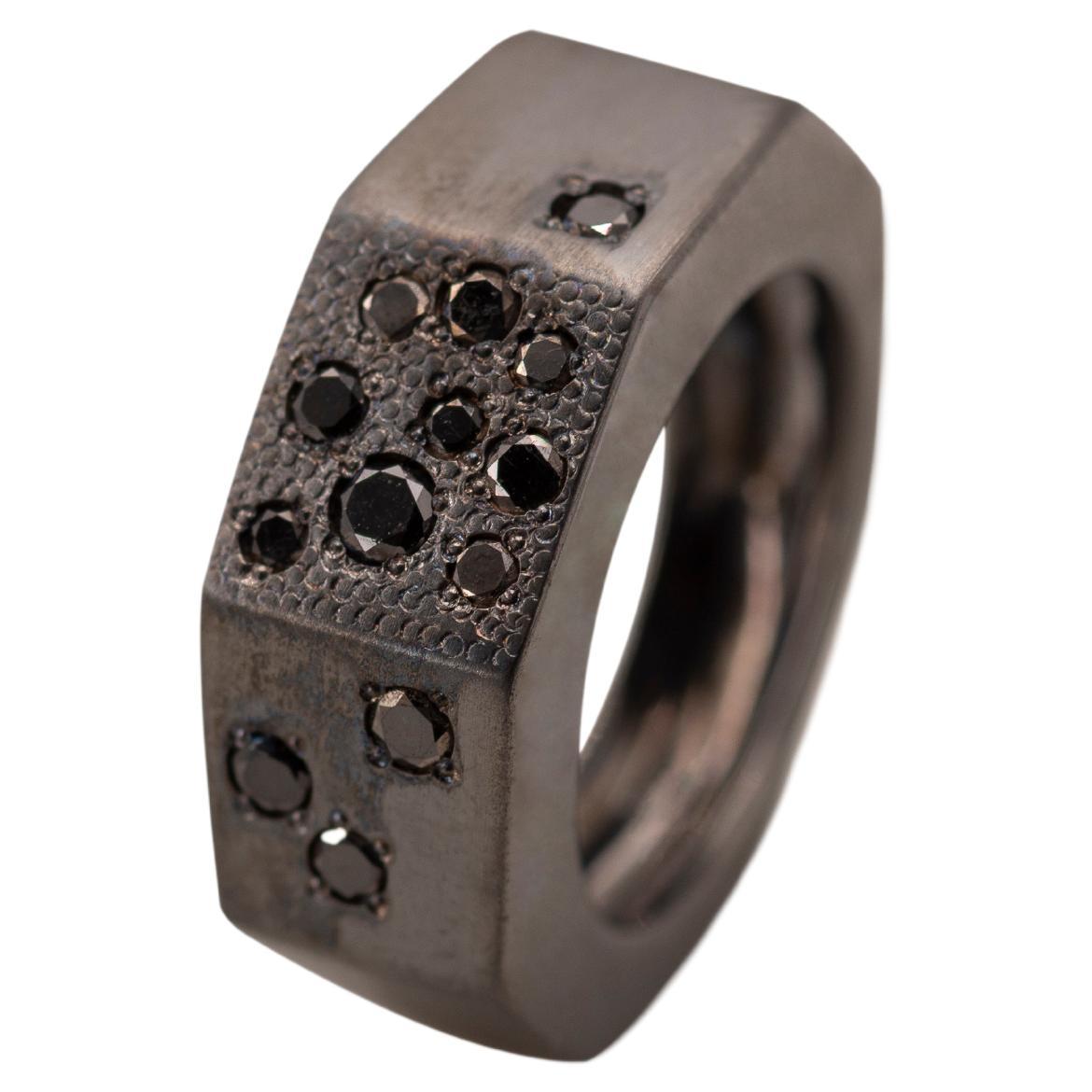 Contemporary 0.45 Carat Black Stone Burnished Sterling Silver Design Ring