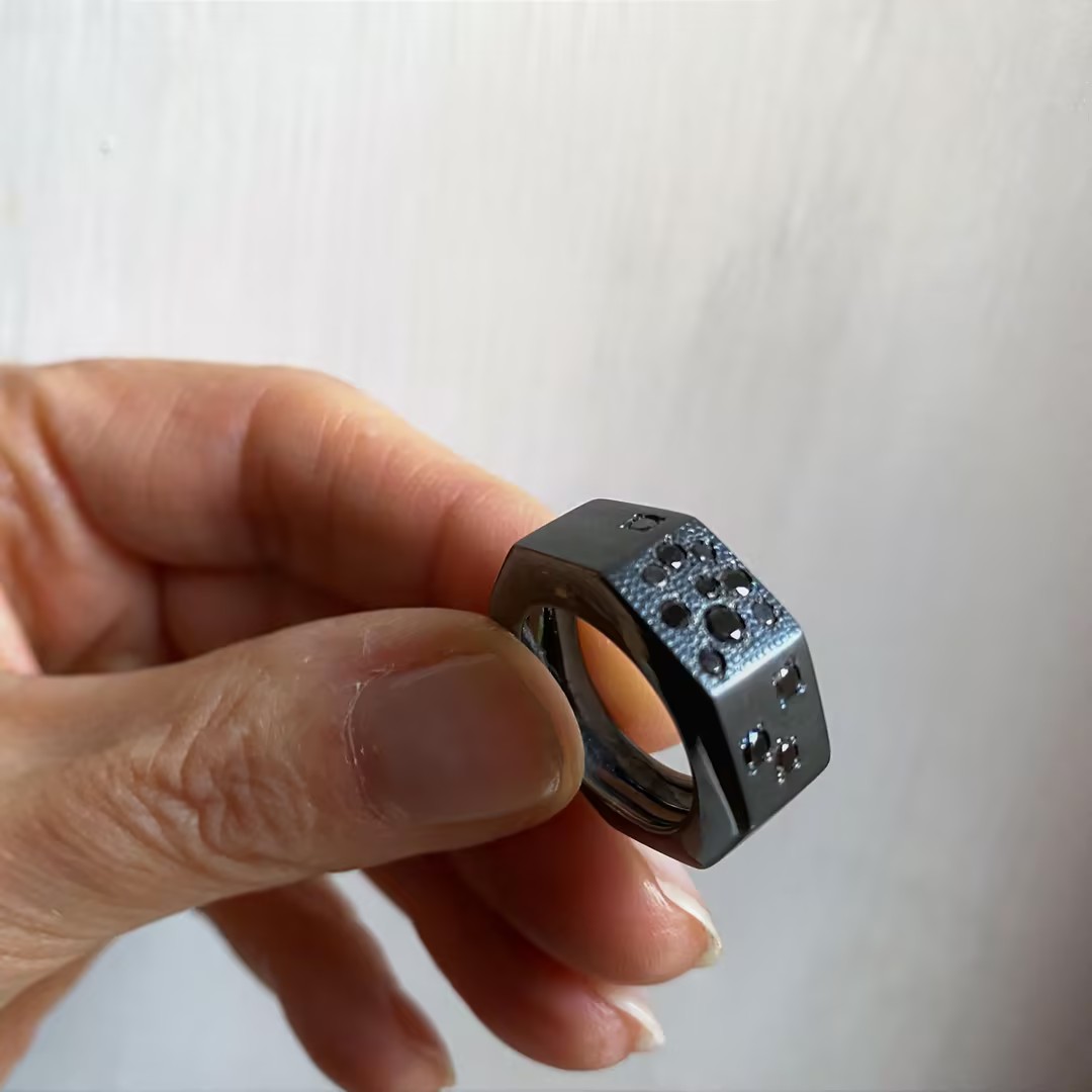 Contemporary 0.45 Carat Black Stone Burnished Sterling Silver Design Ring