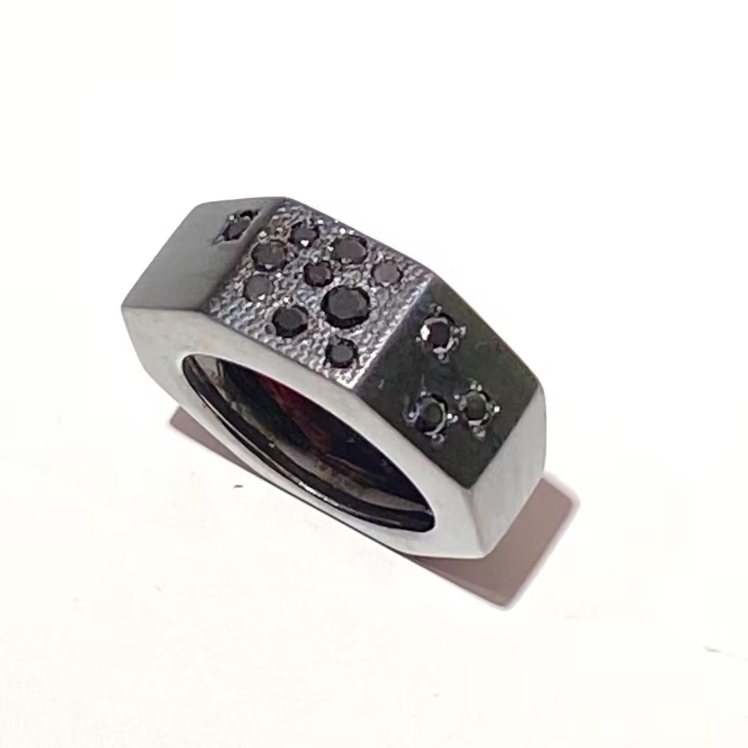 Contemporary 0.45 Carat Black Stone Burnished Sterling Silver Design Ring