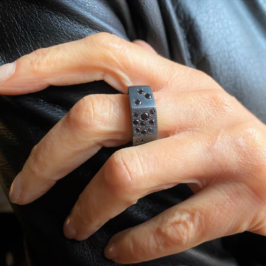 Contemporary 0.45 Carat Black Stone Burnished Sterling Silver Design Ring