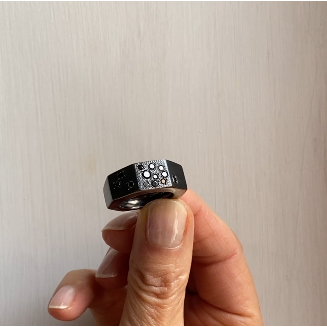 Contemporary 0.45 Carat Black Stone Burnished Sterling Silver Design Ring