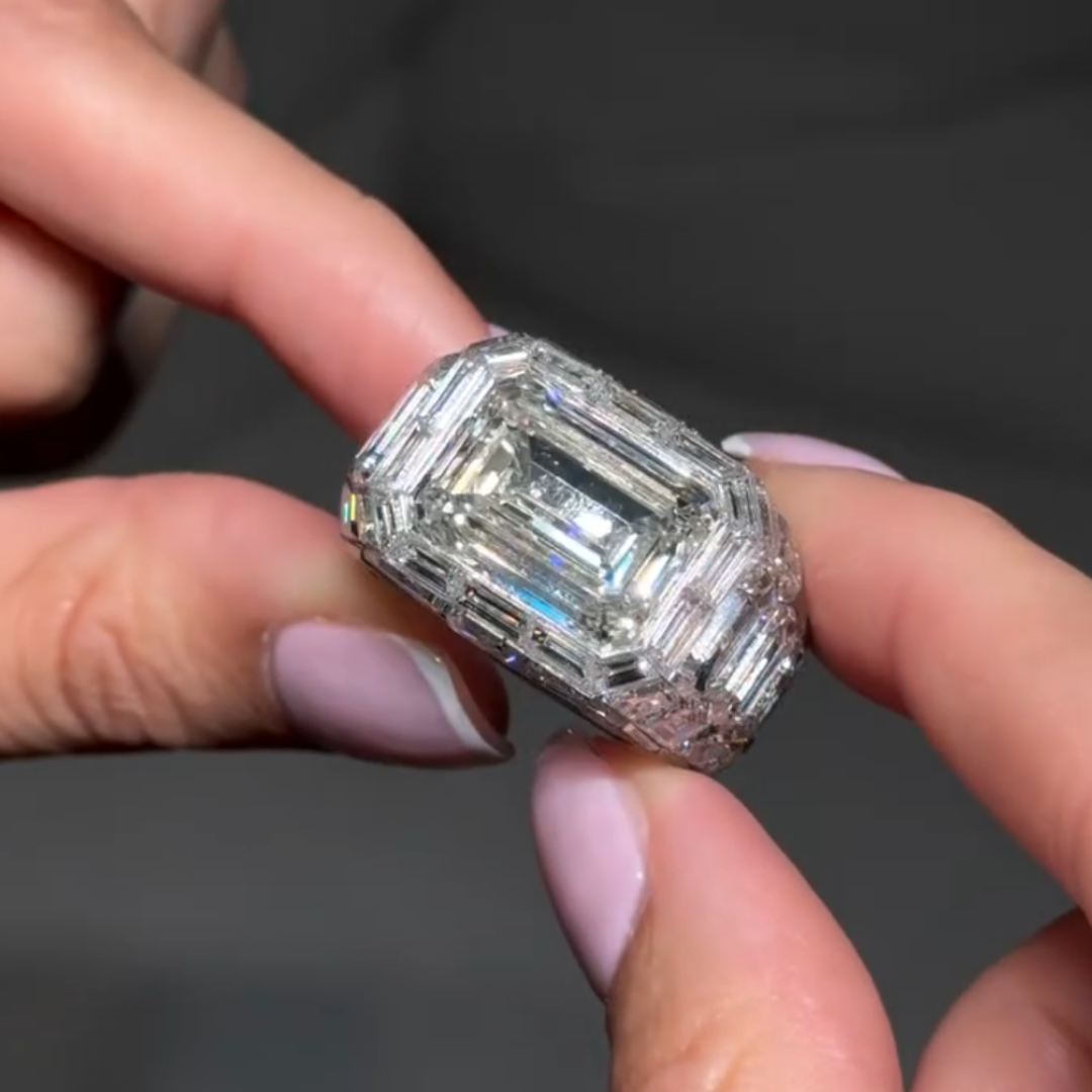 7ct Pave Set Emerald Cut White Stone ring