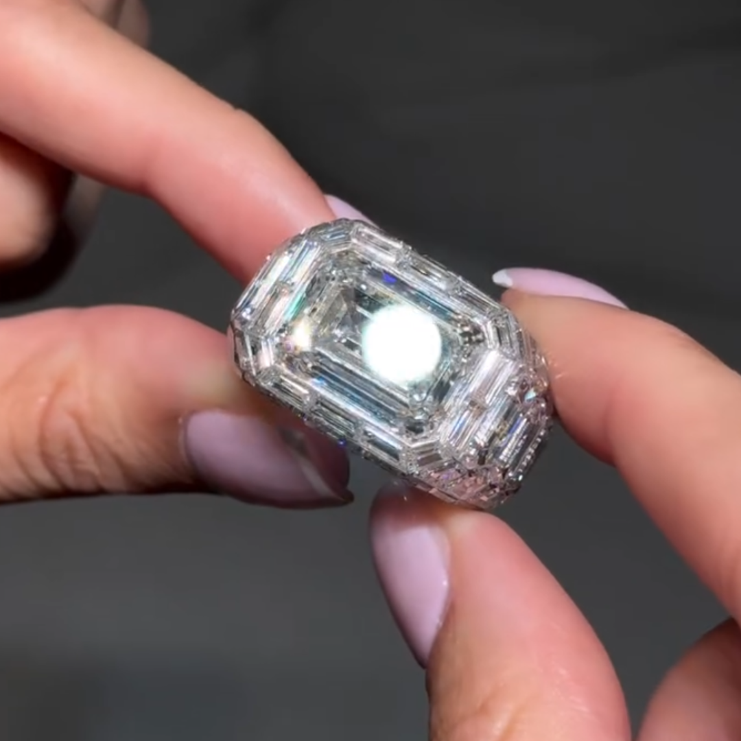 7ct Pave Set Emerald Cut White Stone ring