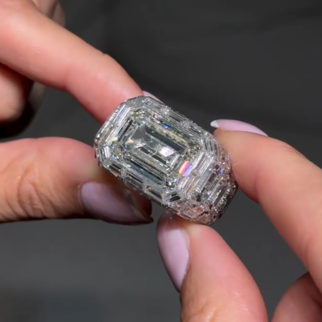 7ct Pave Set Emerald Cut White Stone ring